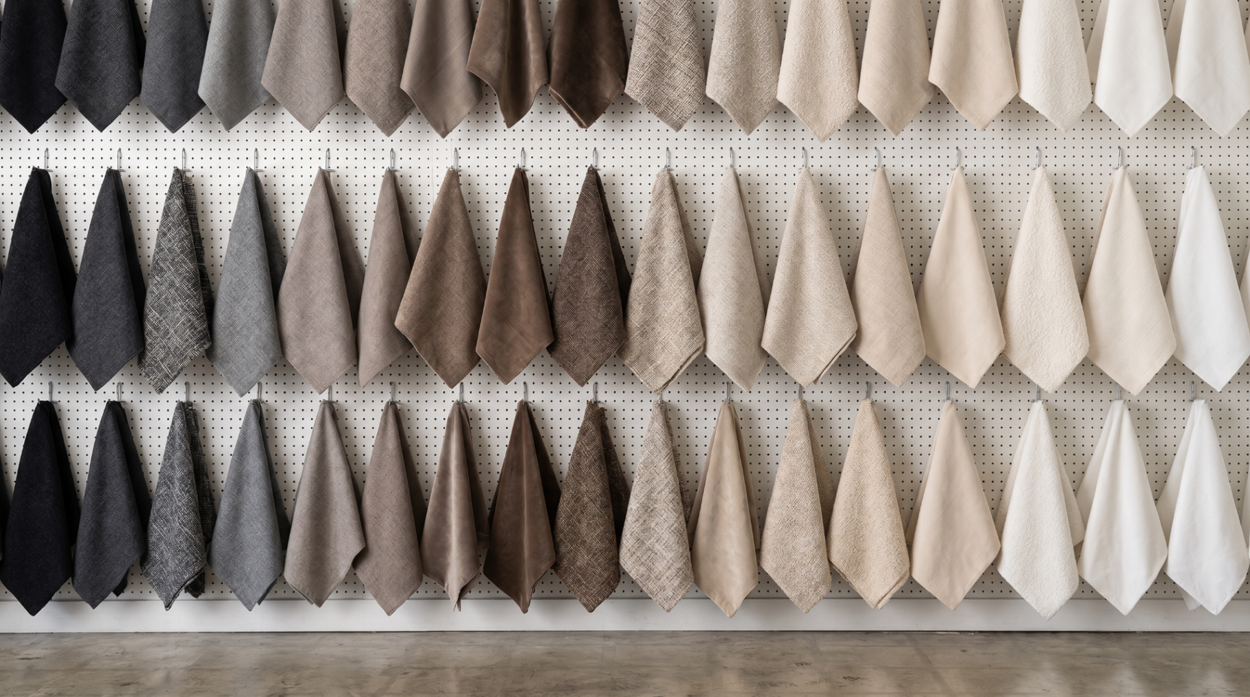 Wall of fabric swatches available for the Carson sectional