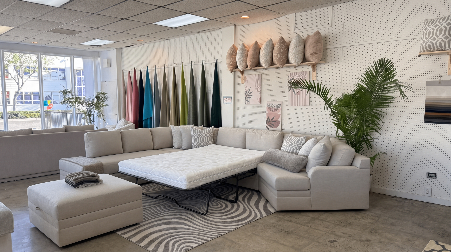 Carson sectional with pull-out sofa bed extended in showroom