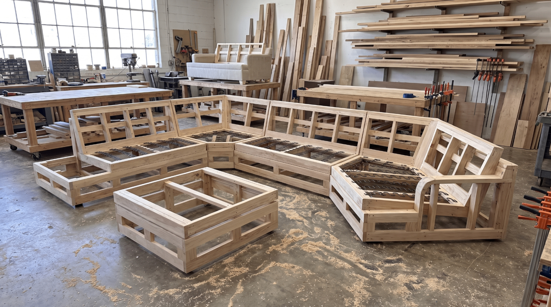 Carson sectional solid hardwood frame under construction in our Los Angeles workshop